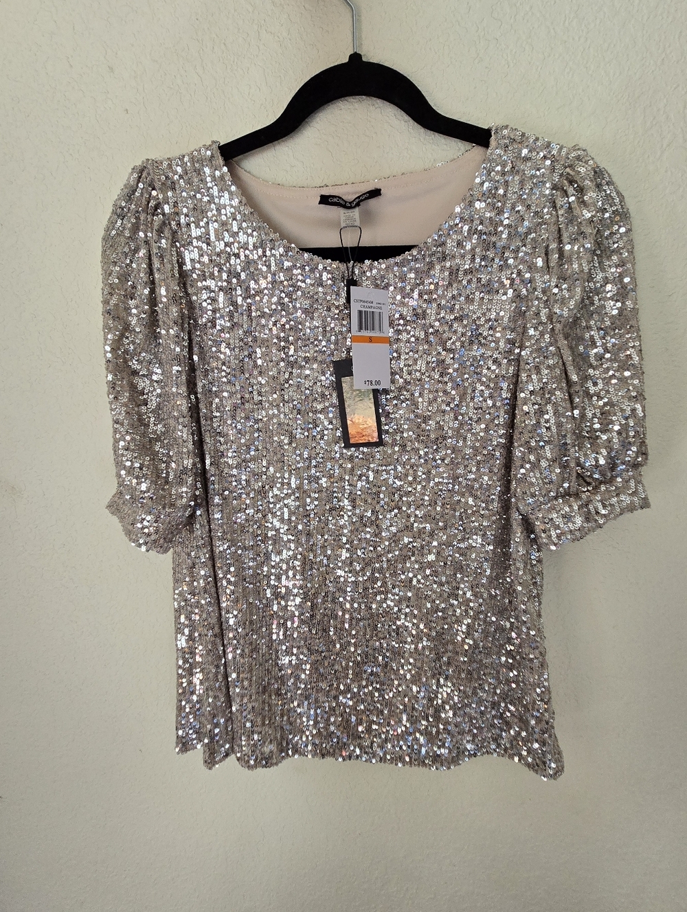 Cable & Gauge Silver Sequin Puff-Sleeve Blouse